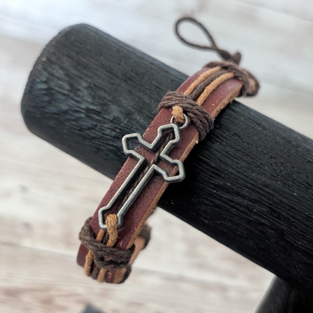 Leather? Tie Bracelet with Cross Charm